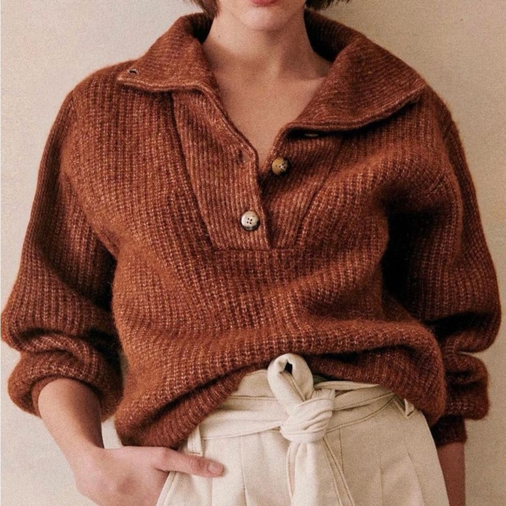 Sézane Micky Size L Brown V-Neck Sweater